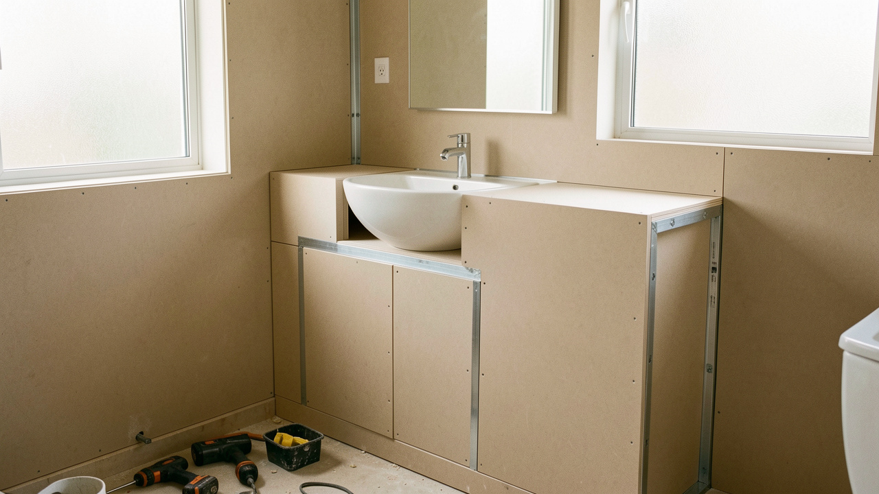 Construire un meuble de salle de bains en placoplatre autour d’une vasque
